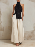 Black & White Halter Neck Two-Piece Wide-Leg Set With Belt