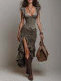 Satin Corset-Style Vest & High-Slit Ruffled Skirt Set