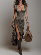 Satin Corset-Style Vest & High-Slit Ruffled Skirt Set