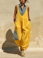 Contrast Denim Detail Sleeveless Harem Jumpsuit