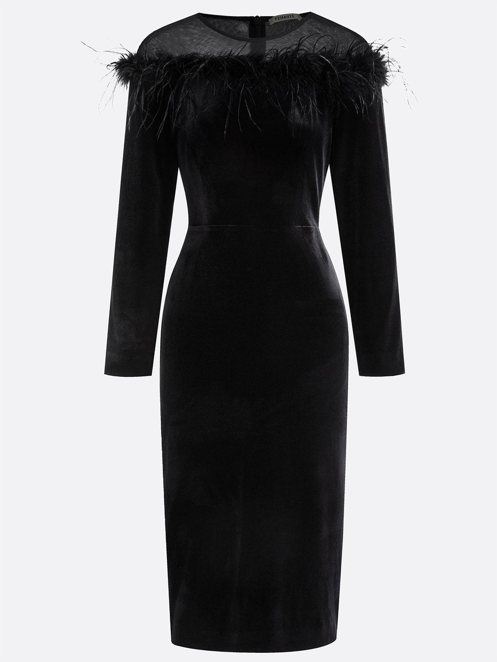 Black Feather-trimmed Mesh Velvet Crew Neck Long Sleeve Sheath Midi Dress