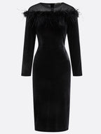 Black Feather-trimmed Mesh Velvet Crew Neck Long Sleeve Sheath Midi Dress