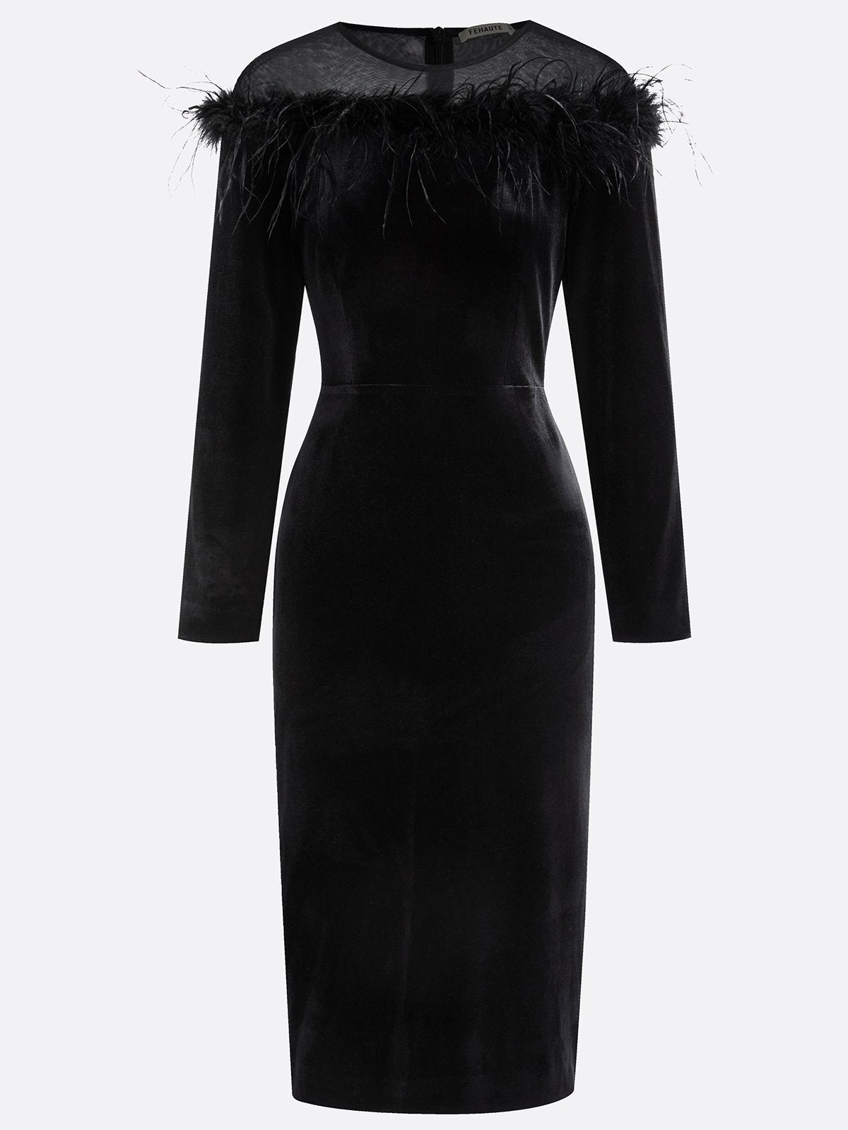 Black Feather-trimmed Mesh Velvet Crew Neck Long Sleeve Sheath Midi Dress