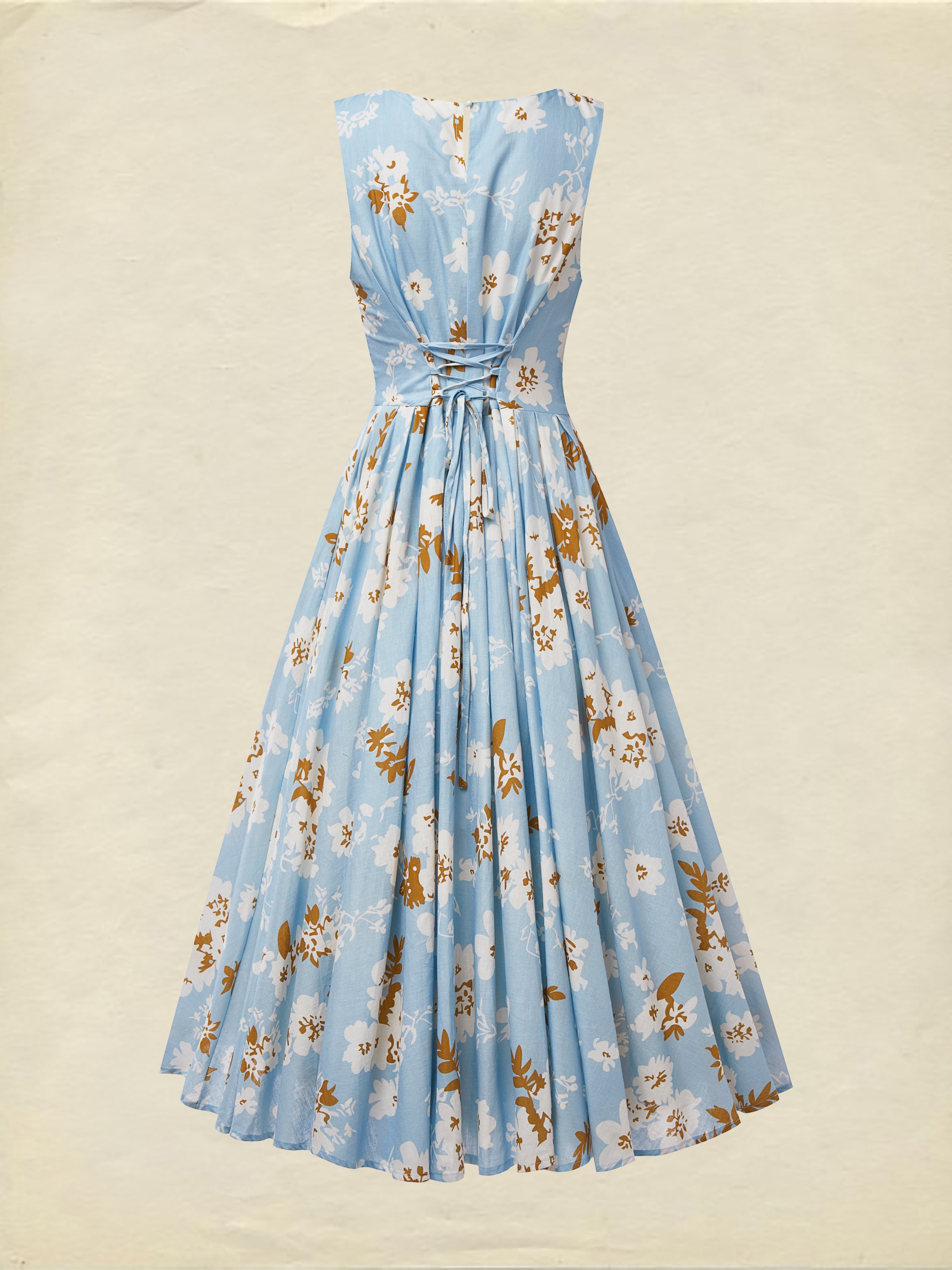 (SIZE:XS-XXL) Midi Linen Dress, Sleeveless, Round Neck, Floral, Pocket Design, Vintage, Blue