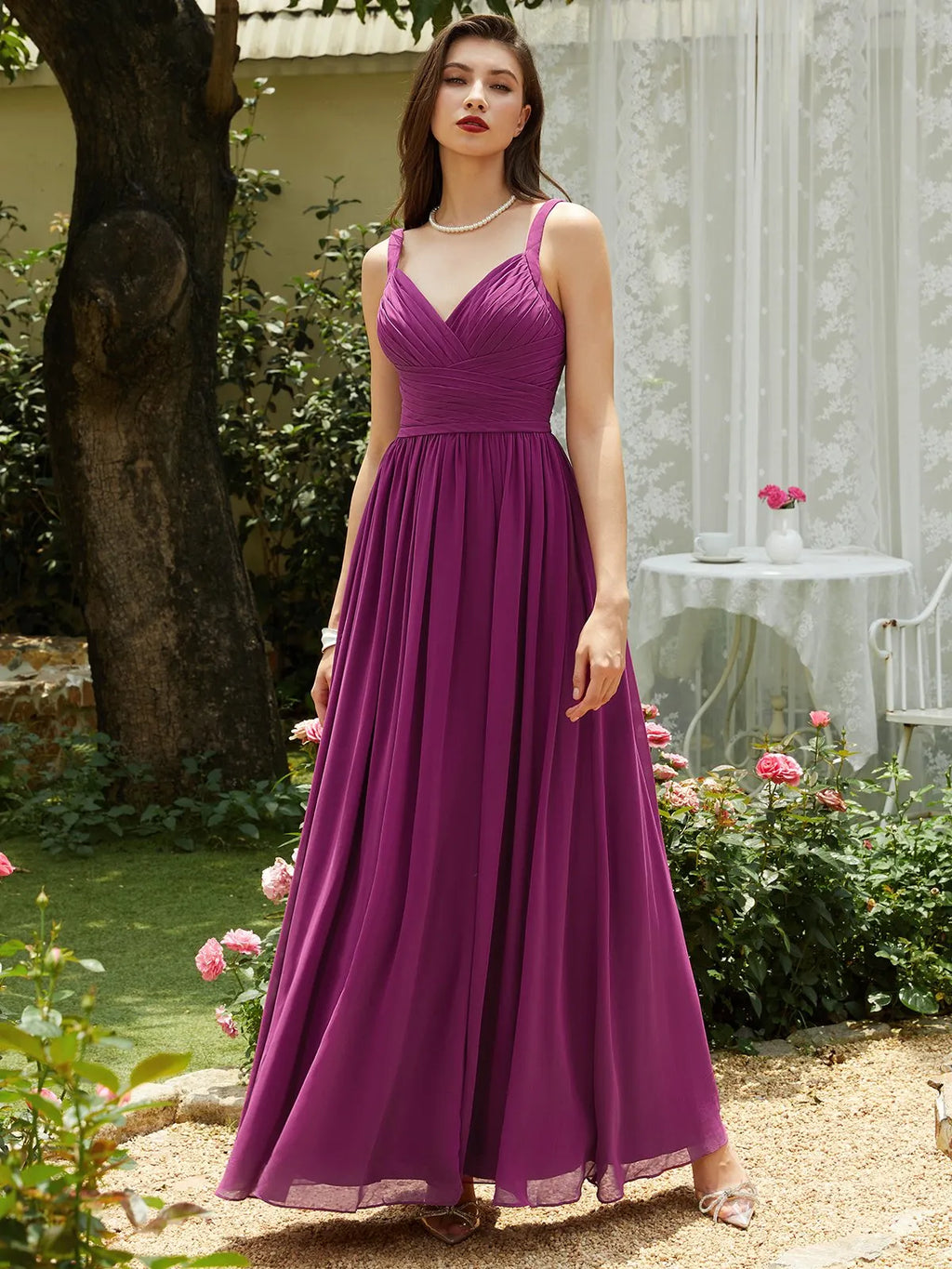 Purple Pleated Chiffon Spaghetti Gallus A-Line Maxi Bridesmaid Dress