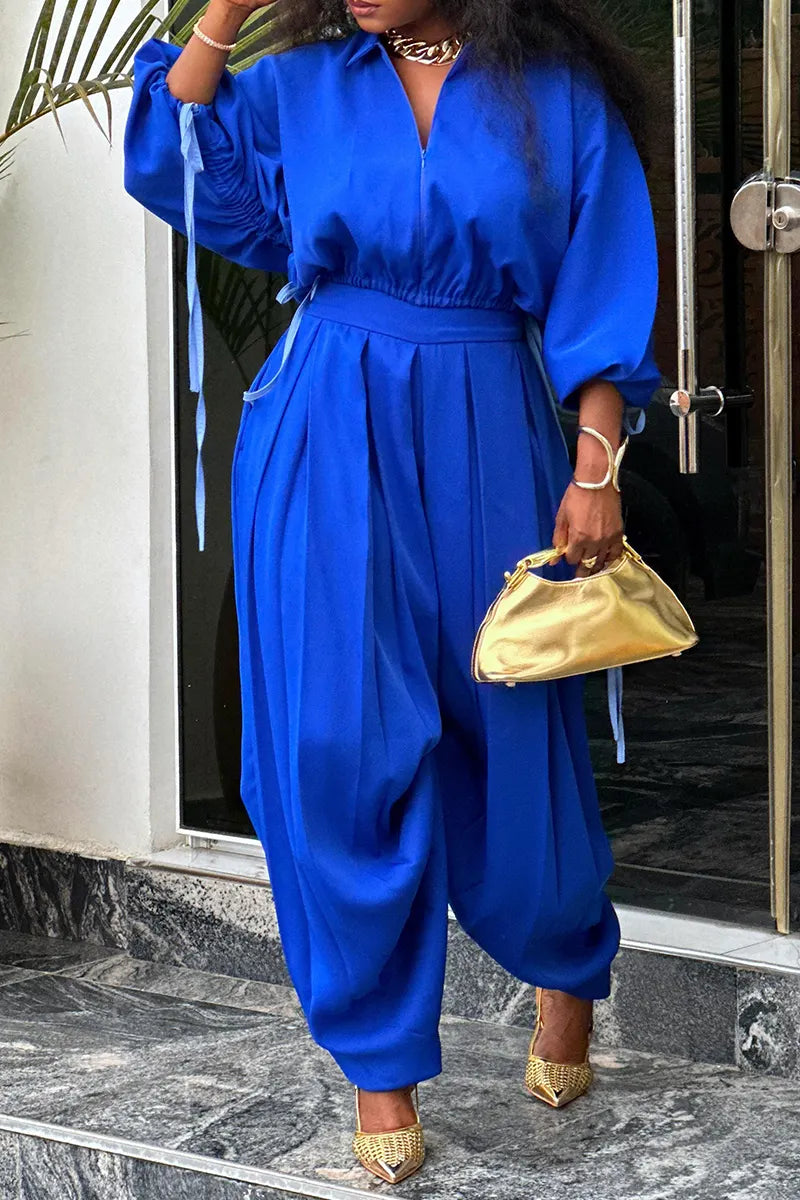 Women's Casual Lapel Batwing Sleeve Top Loose Pants Two-Piece Set