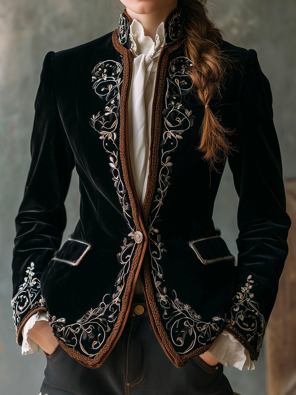 Elegant Black Luxurious Velvet Embroidered Tailored Jacket