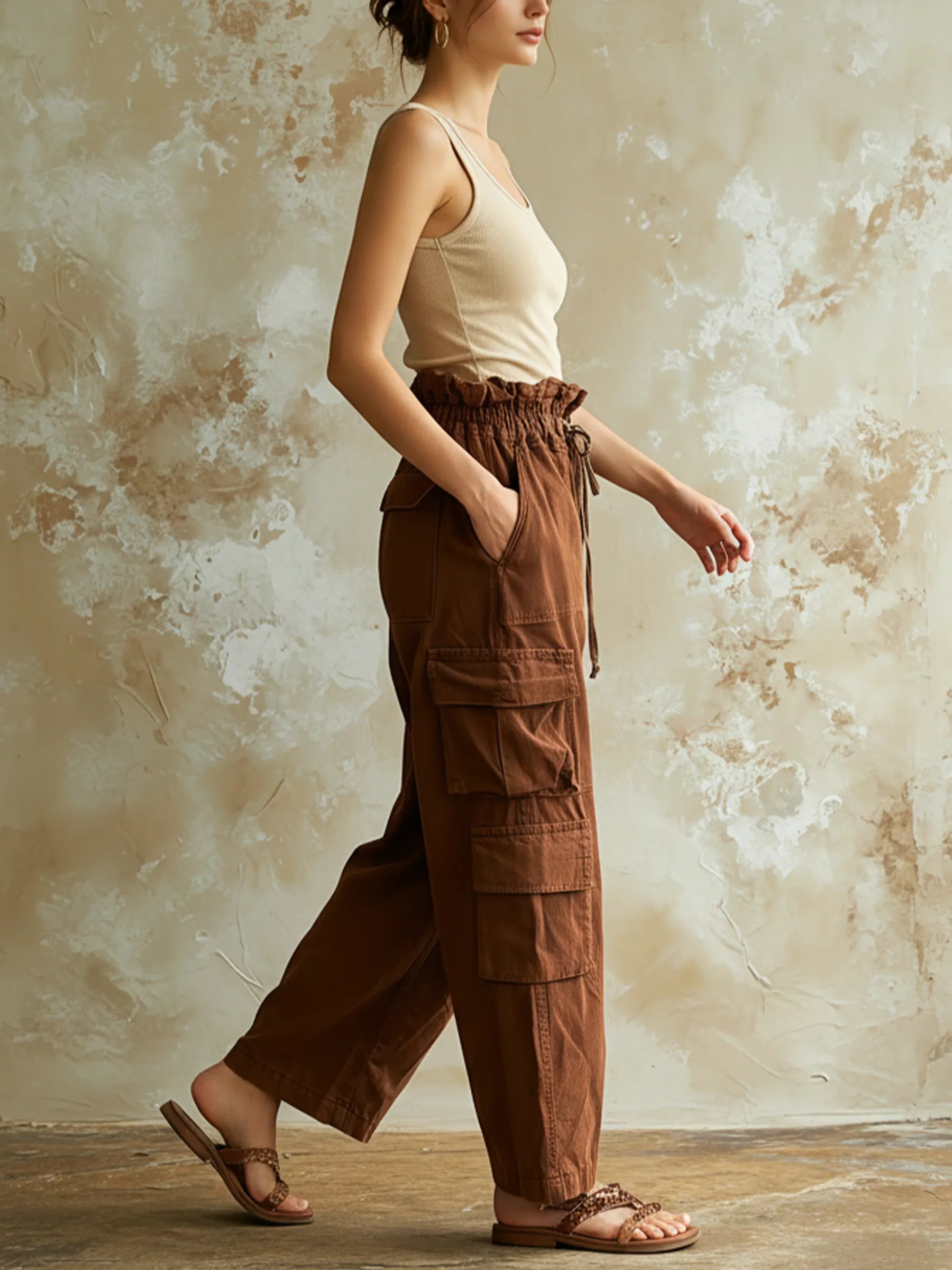 Brown High Waist Wide Leg Cargo Pants