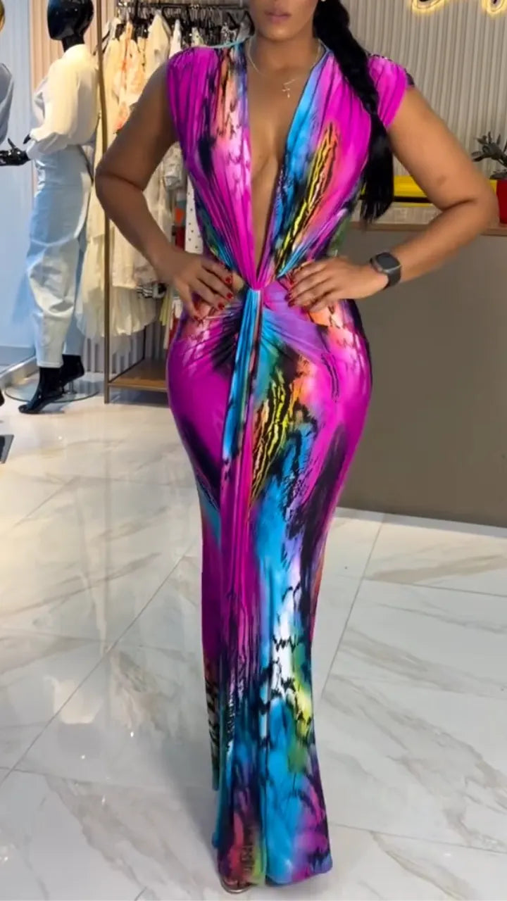 Colorful Tie‑Dye Deep V Twist Maxi Dress