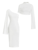 White Slit Chiffon Mock Neck Long Sleeve Bodycon One-shoulder Midi Dress with Matching Shrug