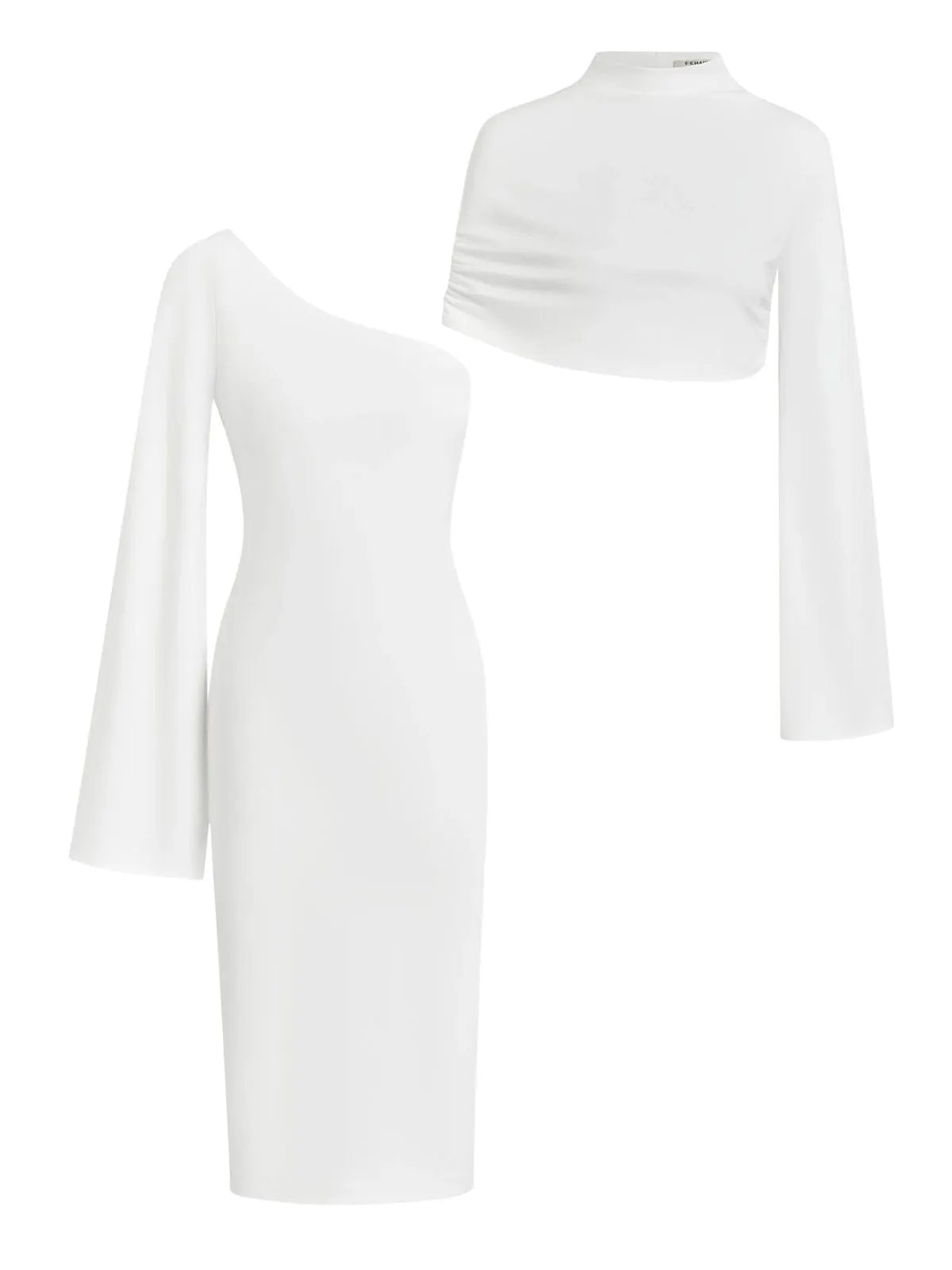 White Slit Chiffon Mock Neck Long Sleeve Bodycon One-shoulder Midi Dress with Matching Shrug