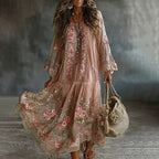 Women's Floral Art Flowy Linen Blend Casual Long Sleeve Maxi Dress