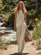 Casual Urban Off-White Linen Asymmetrical-Placket Top And Pants Set