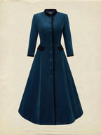 Midi Cotton Dress, Half Sleeve, Stand Collar, Plain, Button Design, Vintage, Deep Blue