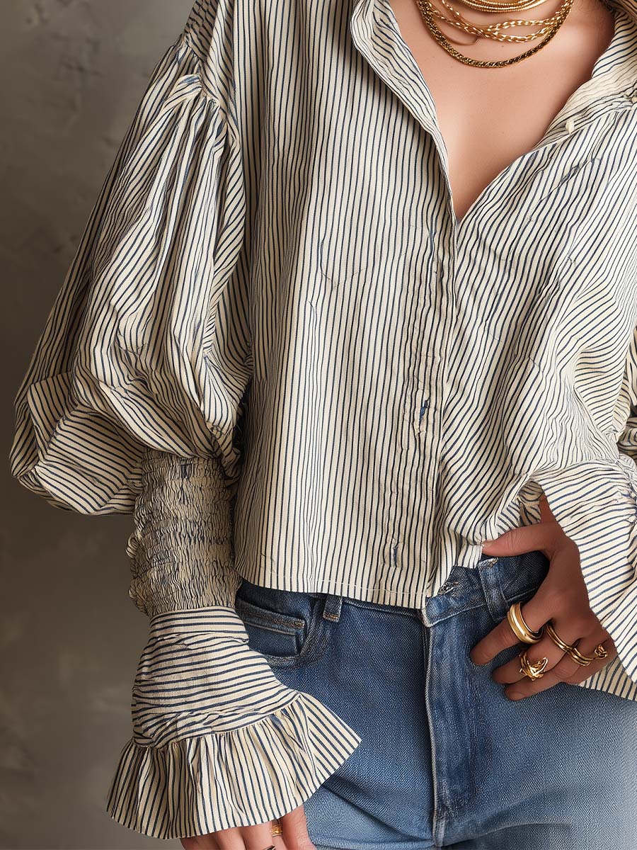 Vintage Boho Cotton Striped Puff Sleeve Shirt