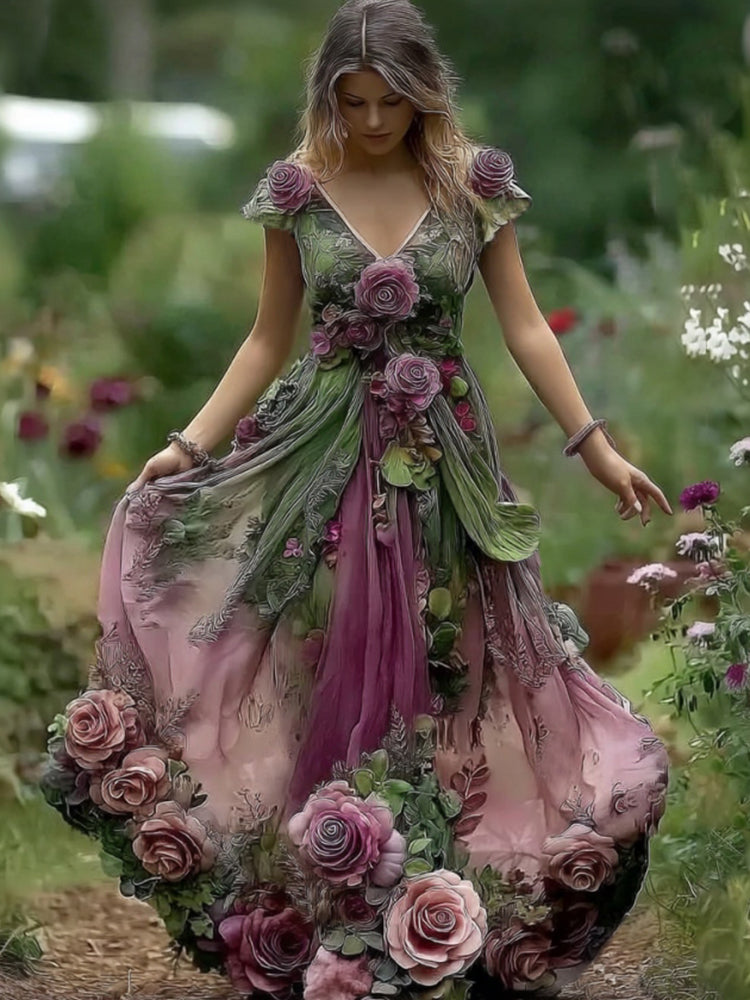 Women's Vintage Floral Embroidered Linen Blend Dress