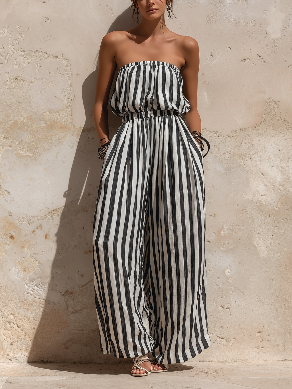 Striped Bandeau Wide-Leg Jumpsuit