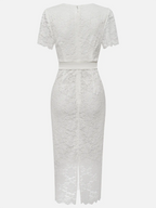 White Bow Lace V Neck Short Sleeve Sheath Midi Dress