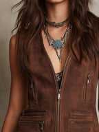 Vintage Western Brown Microsuede Zip Vest