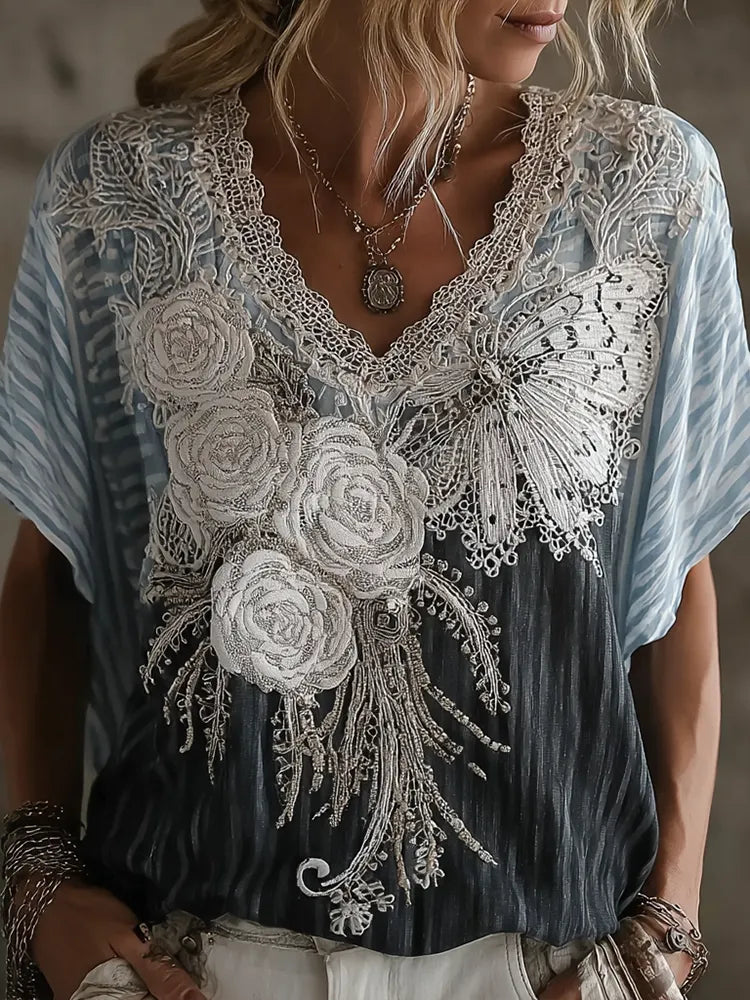 Butterfly Flower Embroidery Patchwork Striped Design Women's Summer Linen T-shirt