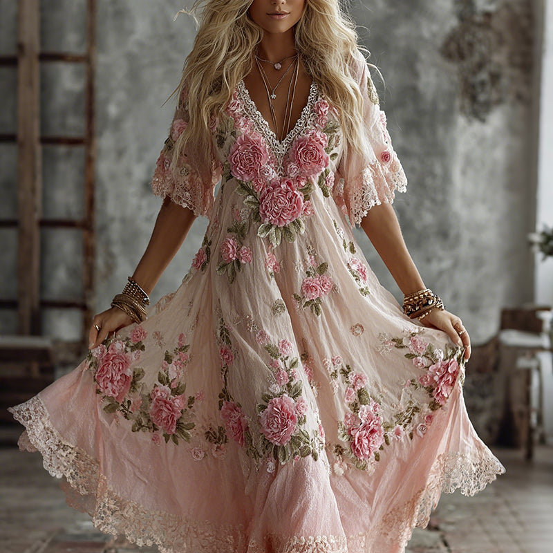 Women's Vintage Pink Floral Art Embroidered Flowy Maxi Dress