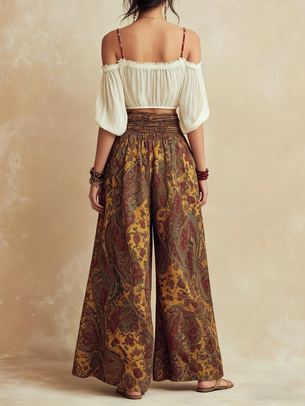 Bohemian Off-Shoulder Two-Piece Set - Flowy Printed Palazzo Pants & Crop Top