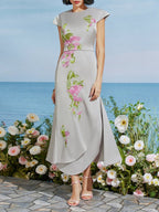 Green Satin Floral Embroidery Cap Sleeve Slit Sheath Maxi Dress