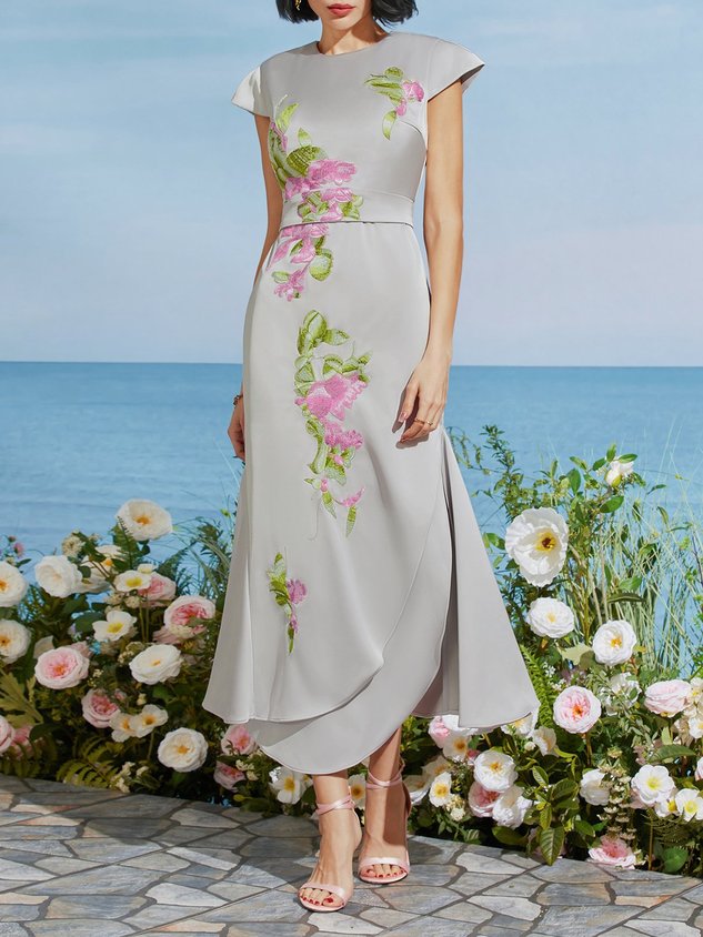 Green Satin Floral Embroidery Cap Sleeve Slit Sheath Maxi Dress