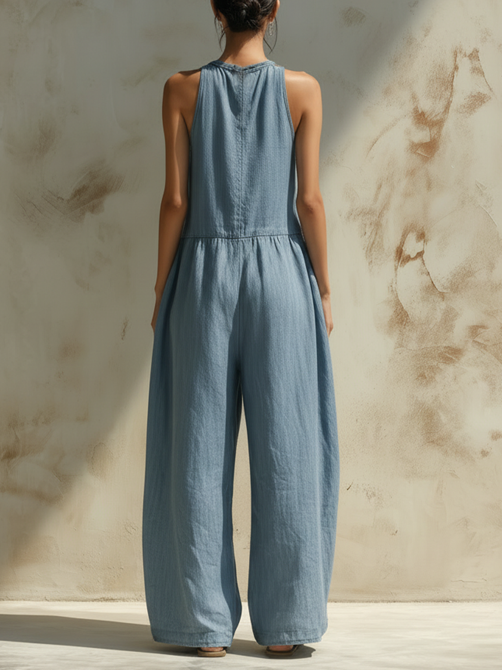 Light Blue Tencel Denim Wide-Leg Jumpsuit