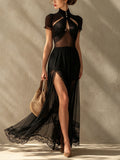 Black  Chiffon And Lace Maxi Dress