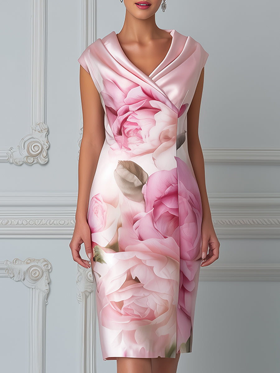 Elegant Floral  Shawl-Collar Sheath Dress