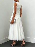 White Lace Classic Crew Neck Sleeveless A-Line Maxi Dress