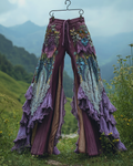 Summer ruffled denim cotton and linen patchwork contrast color pants caac