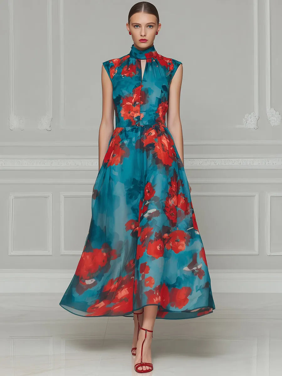 Elegant Floral High Neck Maxi Dress