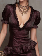 Vintage Romance Striped Satin Ruffle Mini Dress