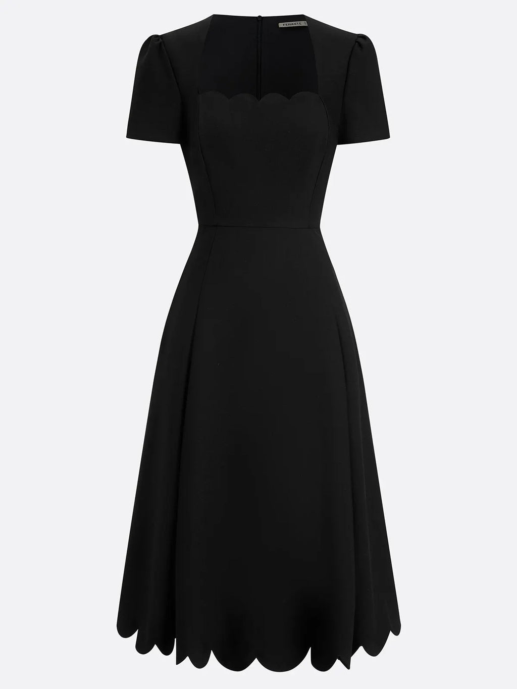 Black Asymmetric Classic Scalloped Square Neck Short Sleeve A-Line Midi Dress