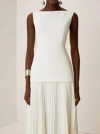 Off White Pleated Classic Boat Neck Sleeveless A-Line Floor-length Gown Dress