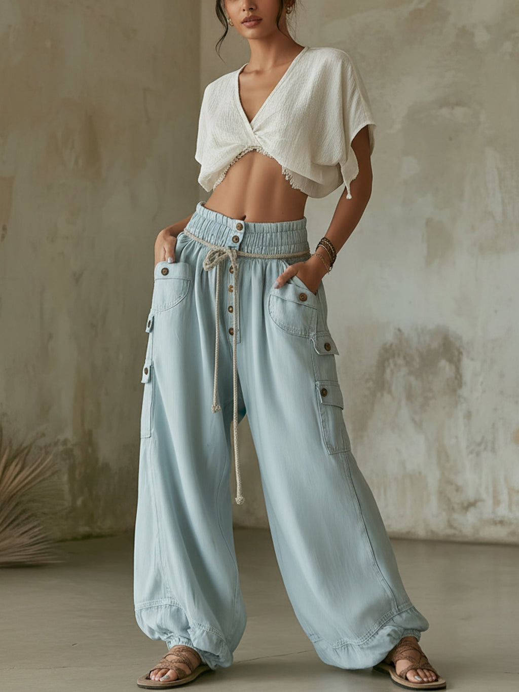 Light Blue Tencel Denim Cargo Balloon Pants