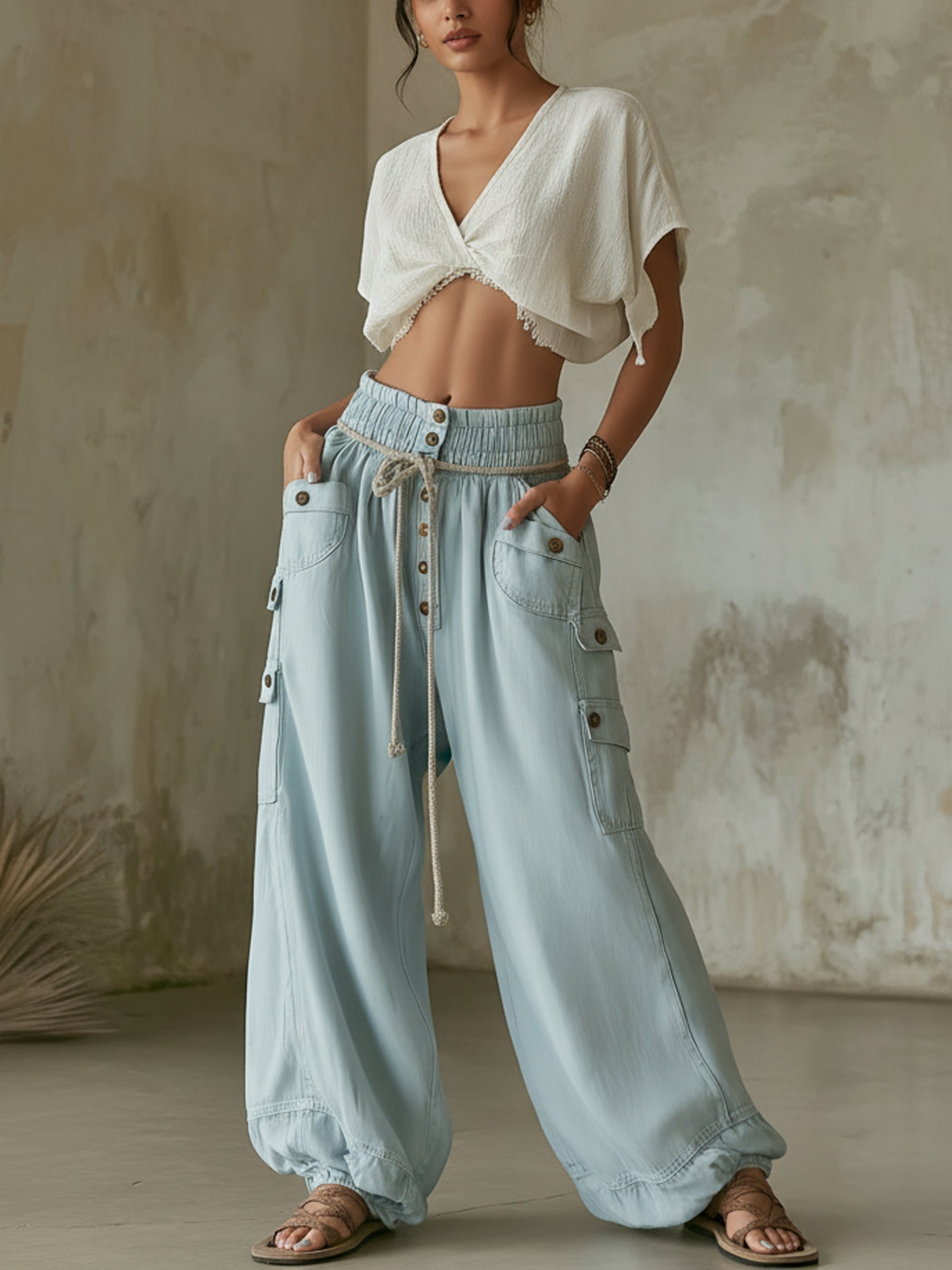 Light Blue Tencel Denim Cargo Balloon Pants