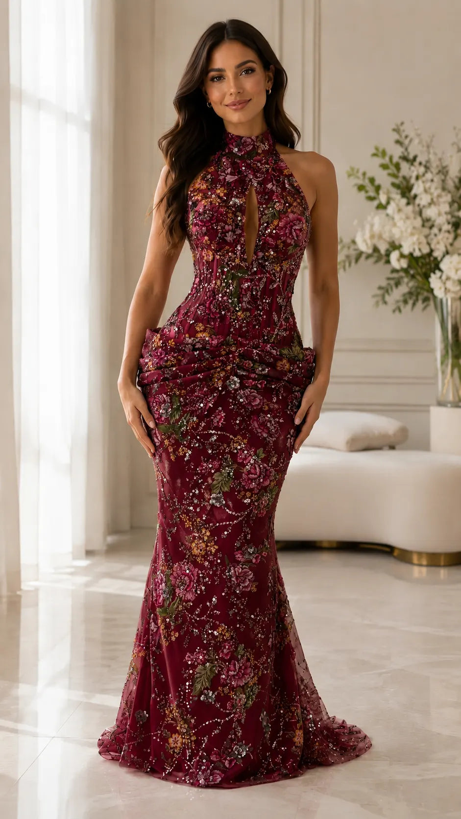 Floral Beaded Halter Mermaid Formal Dress