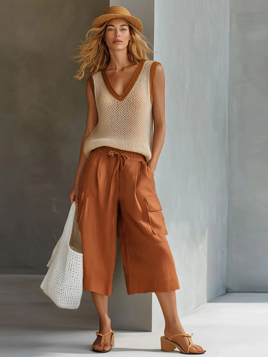 Casual Retro Mesh Knit Vest Caramel Cotton Linen Workwear Shorts Set