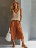 Casual Retro Mesh Knit Vest Caramel Cotton Linen Workwear Shorts Set