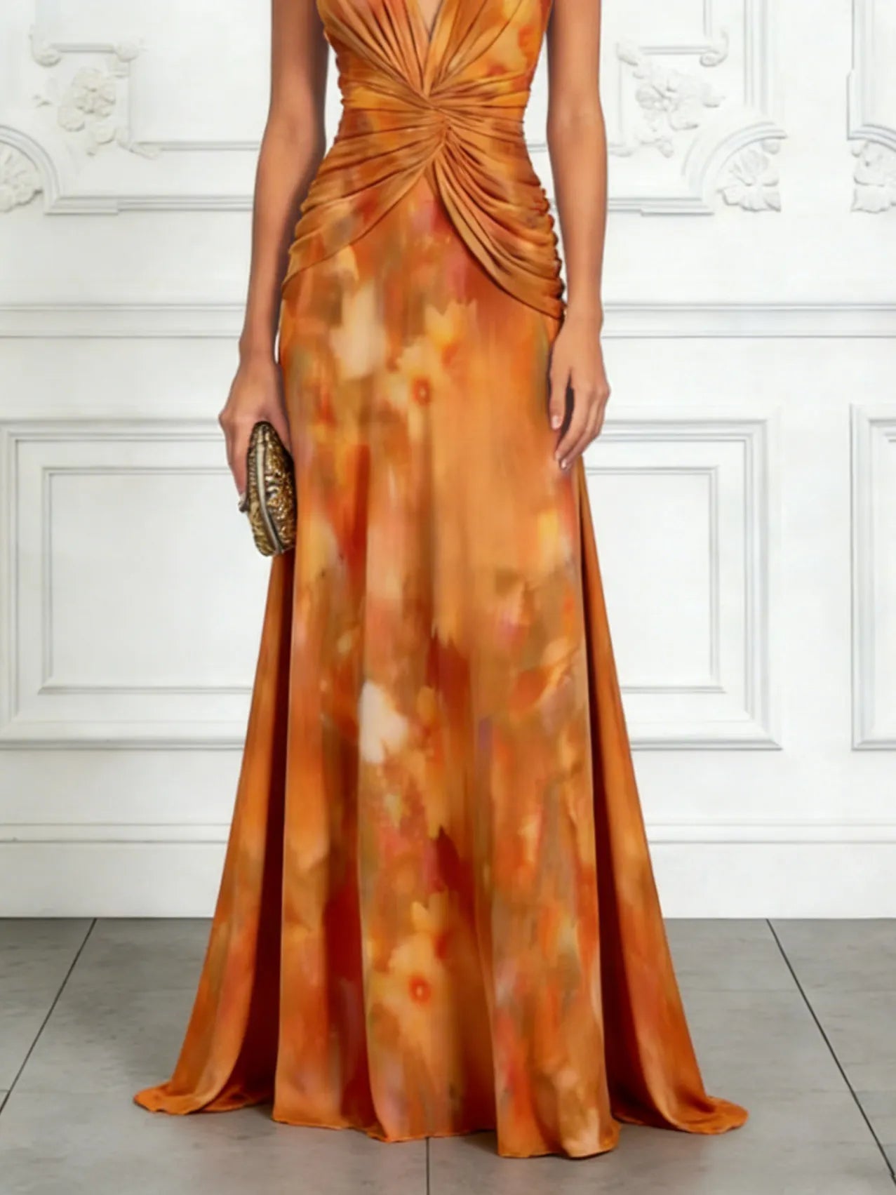 Orange Red Floral Chiffon V Neck Sleeveless A-Line Floor-length Gown Dress