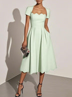 Light Blue Asymmetric Classic Square Neck Short Sleeve A-Line Midi Dress