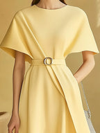 Pale Yellow A-Line Dress with Waist Adornment