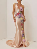 Champagne Satin Applique Embroidery Hotfix Embellished Prom One Shoulder Sleeveless Mermaid Dress