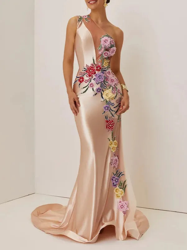 Champagne Satin Applique Embroidery Hotfix Embellished Prom One Shoulder Sleeveless Mermaid Dress