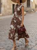 Midi Linen Dress, Sleeveless, Shawl Collar, Floral, Button Design, Vintage, Brown