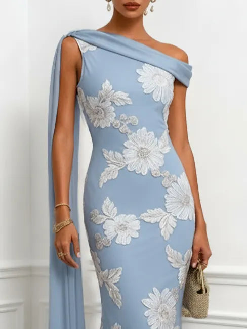 Light Blue 3D Floral Classic One Shoulder Sleeveless Mermaid Floor-length Gown Dress