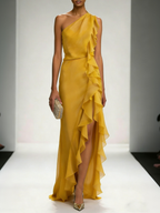 Yellow Peplum Chiffon One Shoulder Sleeveless Sheath Maxi Dress